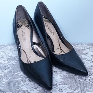 Sam & Libby Black Pointy Toe Spike Heels Shoes Stilletos Snakeskin Faux Leather